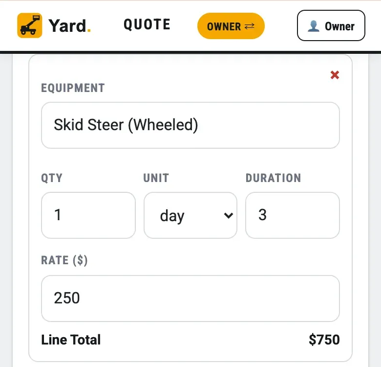 Yard app quote builder with an equipment line added