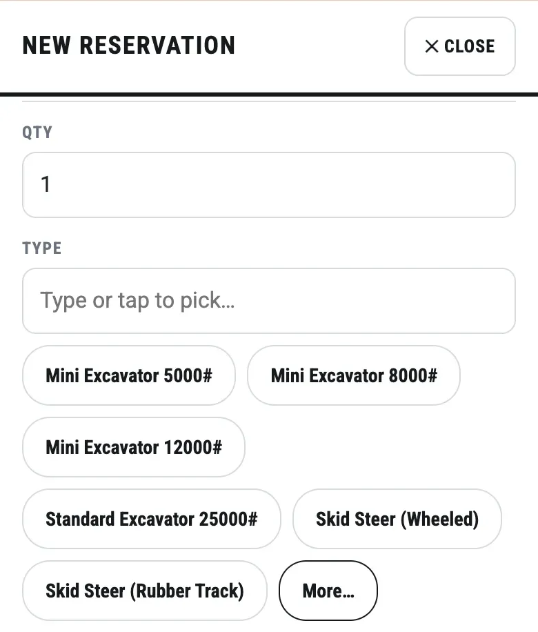 Yard app New Reservation form with equipment chips